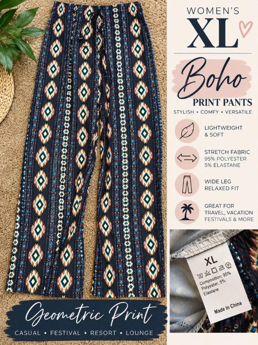 NEW Women’s XL Boho Geometric Print Wide Leg Stretch Pants Multicolor